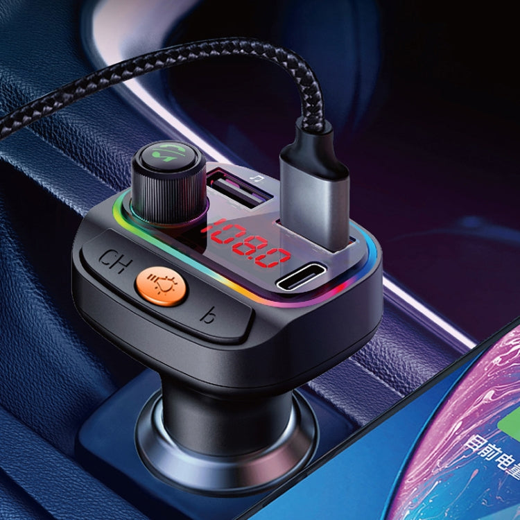 Trasmettitore FM Bluetooth per caricabatteria USB multifunzionale C15 doppio 3.1A+Type-C con luce atmosferica, C15
