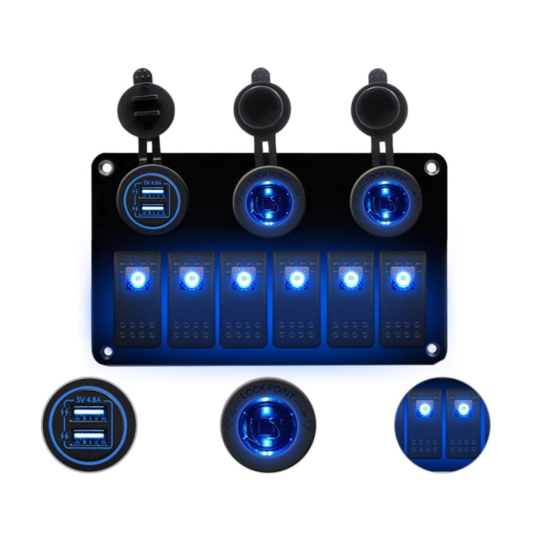 Pannello interruttori combinato multifunzionale Interruttori a 6 vie 12V / 24V + Caricatore doppio USB per auto RV Marine Boat, 6 Way (Blue Light), 6 Way (Green Light), 6 Way (Red Light)