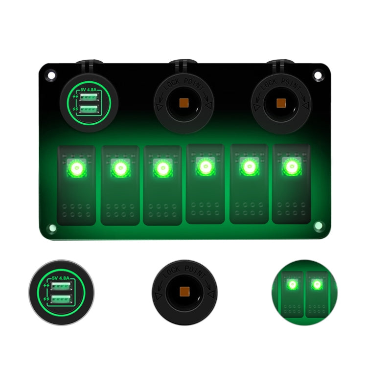 Pannello interruttori combinato multifunzionale Interruttori a 6 vie 12V / 24V + Caricatore doppio USB per auto RV Marine Boat, 6 Way (Blue Light), 6 Way (Green Light), 6 Way (Red Light)