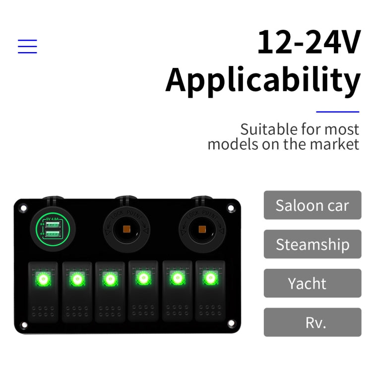 Pannello interruttori combinato multifunzionale Interruttori a 6 vie 12V / 24V + Caricatore doppio USB per auto RV Marine Boat, 6 Way (Blue Light), 6 Way (Green Light), 6 Way (Red Light)