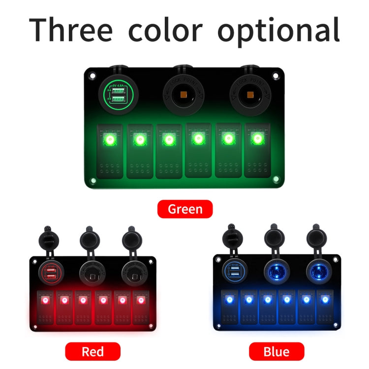 Pannello interruttori combinato multifunzionale Interruttori a 6 vie 12V / 24V + Caricatore doppio USB per auto RV Marine Boat, 6 Way (Blue Light), 6 Way (Green Light), 6 Way (Red Light)