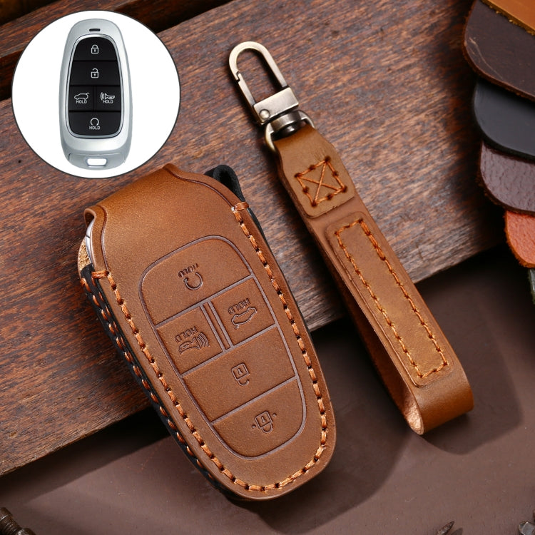 Hallmo Custodia protettiva per chiave in pelle di vacchetta per auto per Hyundai 5 pulsanti, For Hyundai 5-button