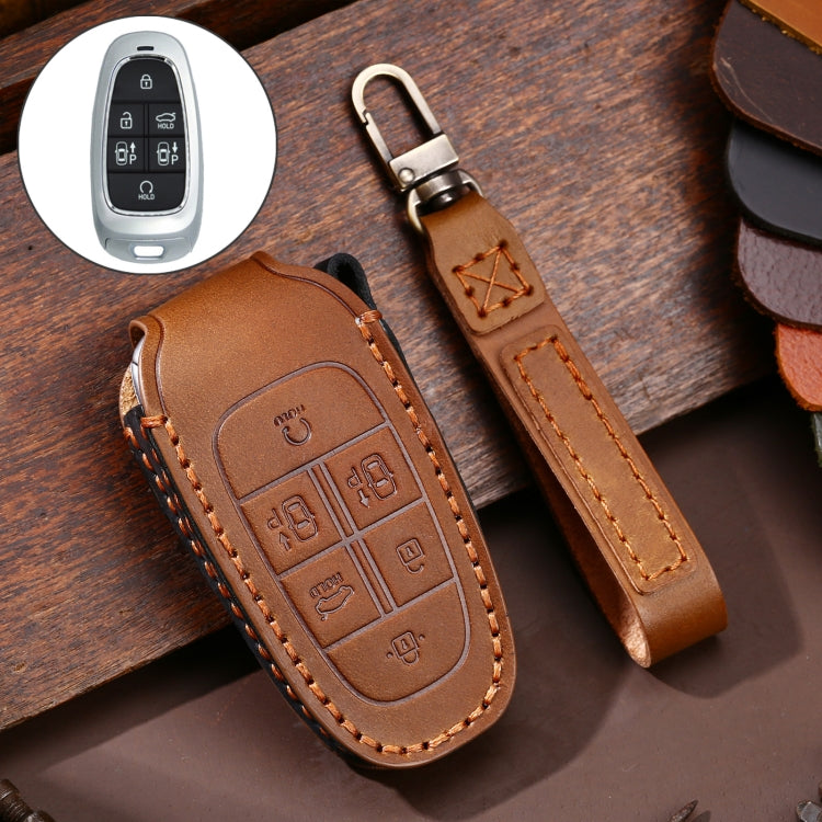 Hallmo Custodia protettiva per chiave in pelle di vacchetta per auto Hallmo per Hyundai 6 pulsanti, For Hyundai 6-button