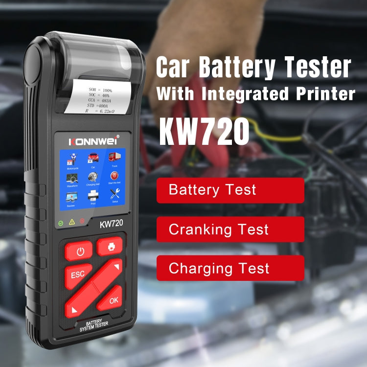 KONNWEI KW720 Tester per batterie al piombo-acido da 3,2 pollici 6V-24V con stampante, KW720