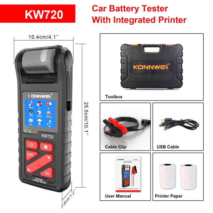KONNWEI KW720 Tester per batterie al piombo-acido da 3,2 pollici 6V-24V con stampante, KW720