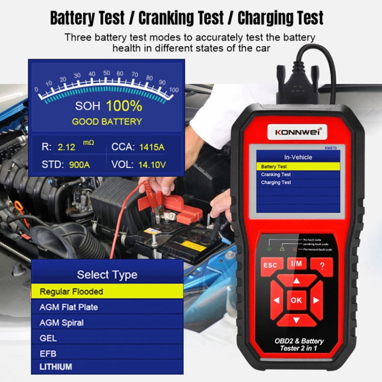 KONNWEI KW870 Diagnosi guasti OBD2 per auto 2 in 1 + Tester batteria, KW870