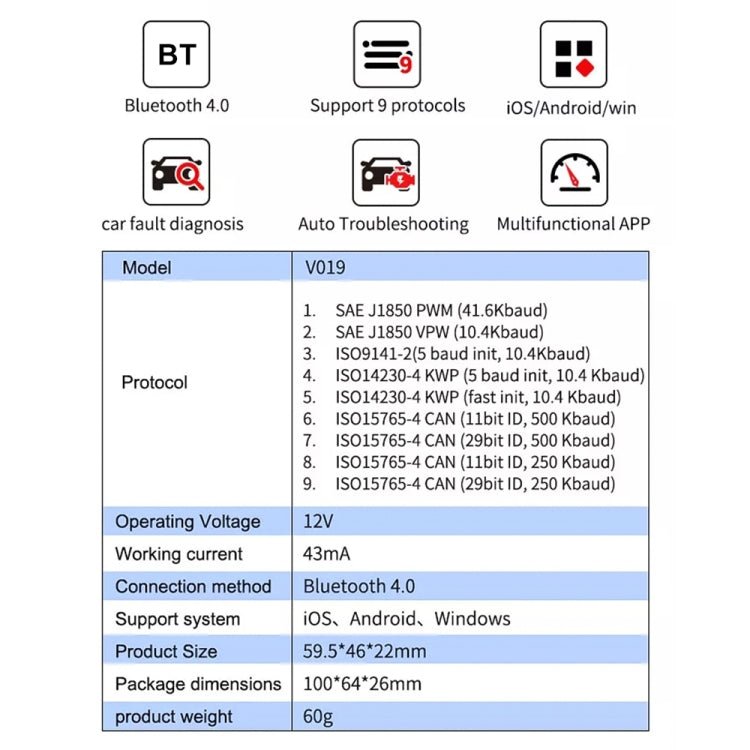V019 OBD2 Scanner Bluetooth 4.0 ELM327 Strumento diagnostico per auto, V019