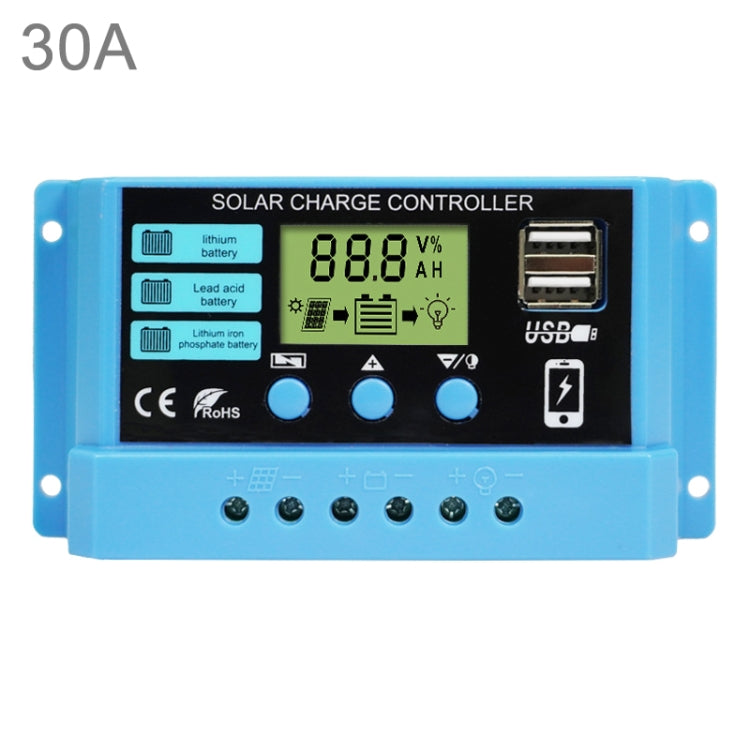 Regolatore di carica solare 30A Regolatore fotovoltaico con scarica di carica per batteria al litio al piombo-acido 12V / 24V, 30A