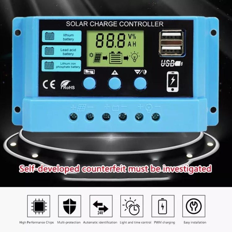 Regolatore di carica solare 30A Regolatore fotovoltaico con scarica di carica per batteria al litio al piombo-acido 12V / 24V, 30A