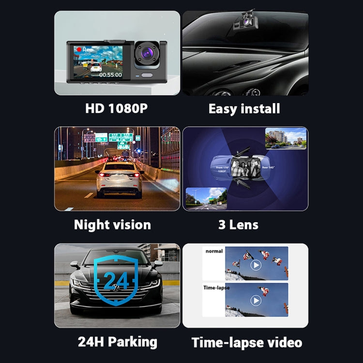Registratore di guida per auto con visione notturna HD A1 a 3 obiettivi, A1