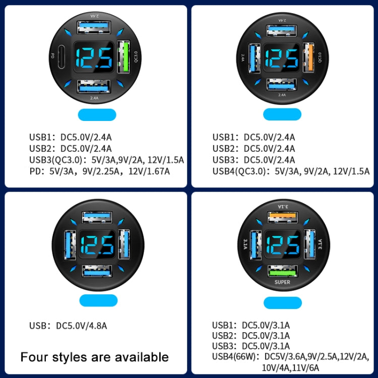 Caricabatterie rapido per auto con display digitale 2 pezzi 4 in 1 USB PD20W+QC3.0+2.4A, PD20W+QC3.0+2.4A