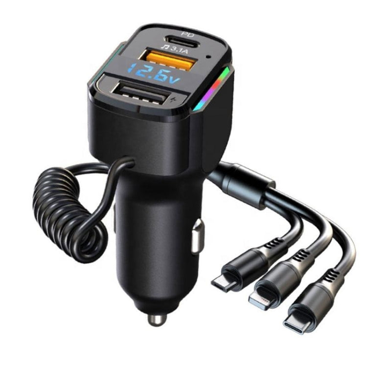 Caricabatterie rapido K4 per auto 3 in 1 PD + USB doppia porta con cavo dati a molla, K4