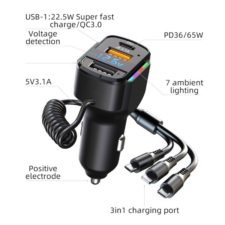 Caricabatterie rapido K4 per auto 3 in 1 PD + USB doppia porta con cavo dati a molla, K4