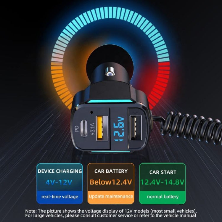 Caricabatterie rapido K4 per auto 3 in 1 PD + USB doppia porta con cavo dati a molla, K4