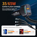 Caricabatterie rapido K4 per auto 3 in 1 PD + USB doppia porta con cavo dati a molla, K4