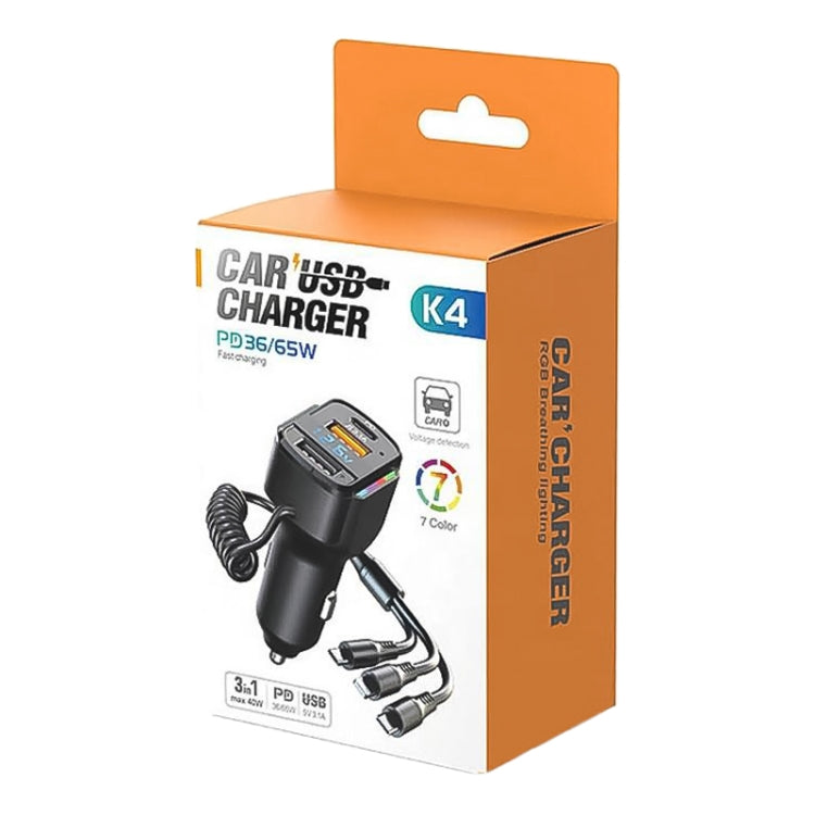 Caricabatterie rapido K4 per auto 3 in 1 PD + USB doppia porta con cavo dati a molla, K4