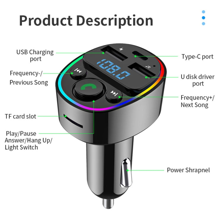 Trasmettitore FM audio per lettore MP3 Bluetooth per auto con luce ambientale, MP3 Player