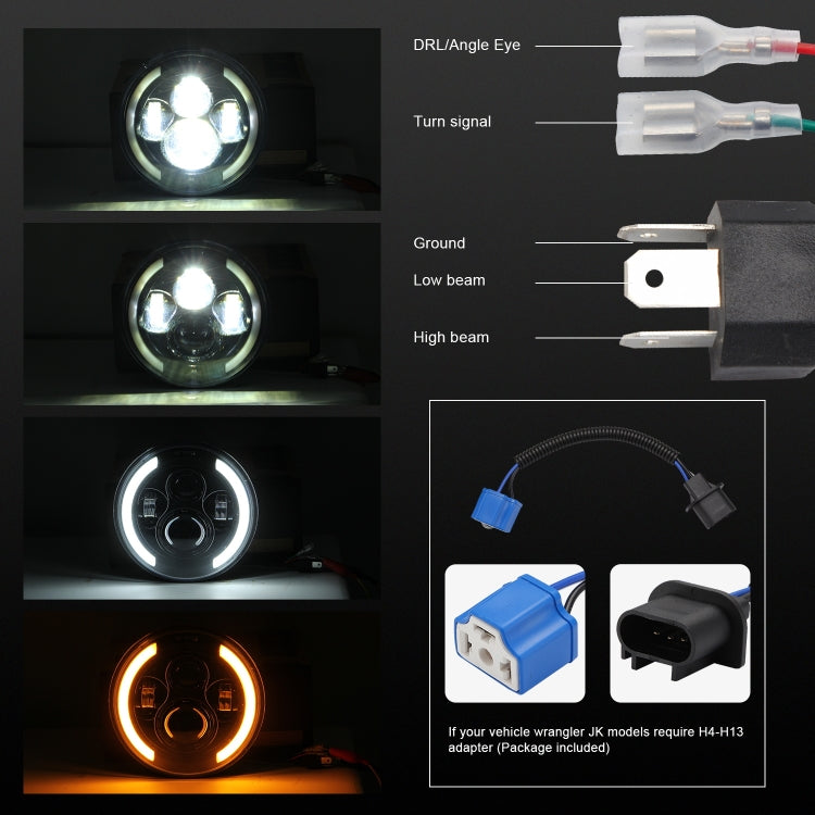 Fari a LED per auto a forma rotonda H4 / H13 da 7 pollici DC 9V-30V 3000LM 3000K-6000K 25W per Jeep Wrangler, con Angel Eye, For Jeep Wrangler, For Jeep Wrangler (Blue Light)