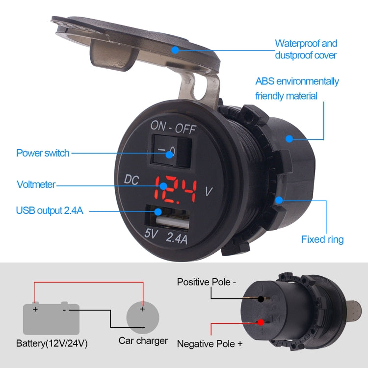 Adattatore per presa di corrente per caricabatterie USB a porta singola universale per auto 2.4A 5V IP66 con voltmetro digitale LED + interruttore + cavo da 60 cm, 2.4A + Switch + 60cm Cable(Blue Light), 2.4A + Switch + 60cm Cable (Green Light)        ...