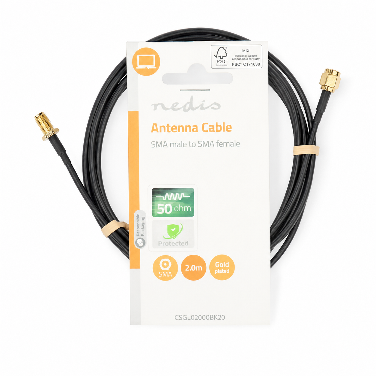 Cavo Antenna Coassiale Nedis SMA Maschio-Femmina RG174 50 Ohm 2 m 5412810425426 CSGL02010BK20 ND1311