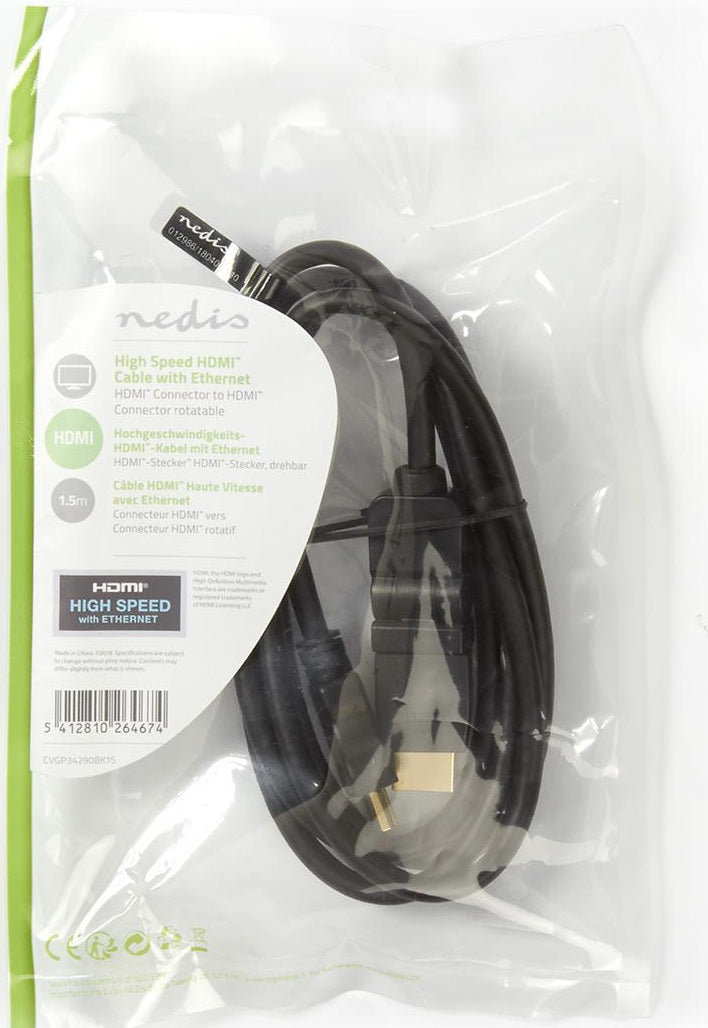 Cavo HDMI ad alta velocità con Ethernet Connettore ruotabile 4K@30Hz 10.2 Gbps 1.50m CVGP34290BK15 5412810264674 WB1117