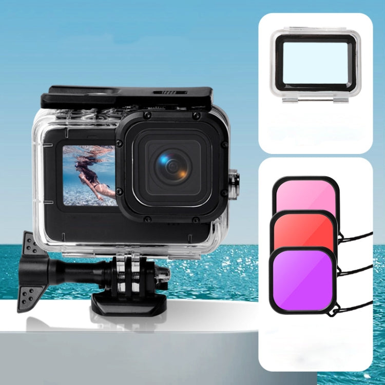 Custodia impermeabile + cover posteriore touch + filtro obiettivo viola rosso rosa per GoPro HERO10 Black / HERO9 Black, Case + Touch Cover + 3-color Filter for GoPro9