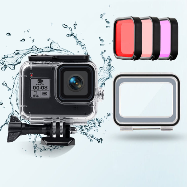 Custodia impermeabile da 45 m + cover posteriore touch + filtro obiettivo viola rosso rosa per GoPro HERO8 Black, Case + Touch Cover + 3-color Filter for GoPro 8