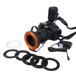 Torcia a LED circolare con 48 luci LED e 6 anelli adattatori (49 mm/52 mm/55 mm/58 mm/62 mm/67 mm) per obiettivo macro