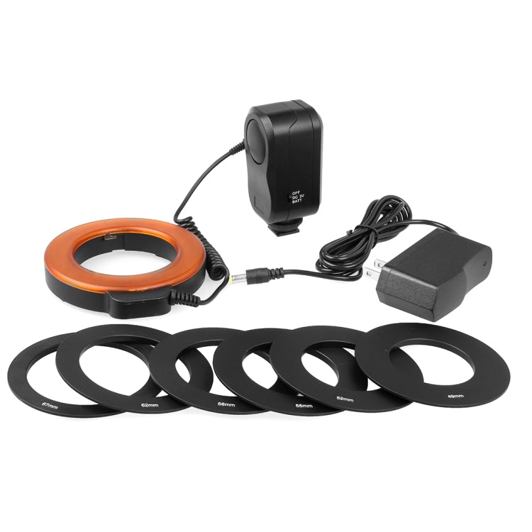 Torcia a LED circolare con 48 luci LED e 6 anelli adattatori (49 mm/52 mm/55 mm/58 mm/62 mm/67 mm) per obiettivo macro