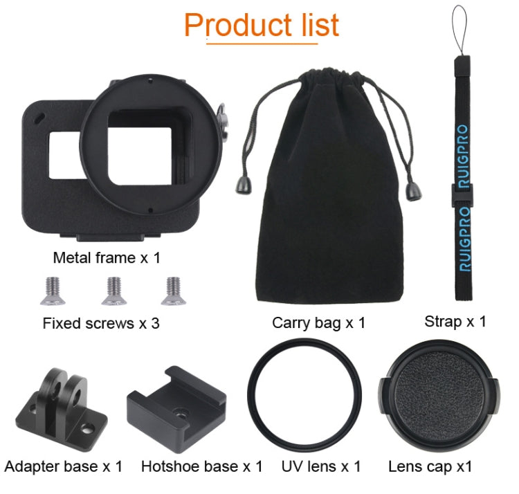 Guscio dell'alloggiamento Gabbia protettiva in lega di alluminio CNC con telaio assicurativo e lente UV da 52 mm per GoPro HERO7 Black /6 /5, 52mm UV Black, 52mm UV Blue, 52mm UV Red