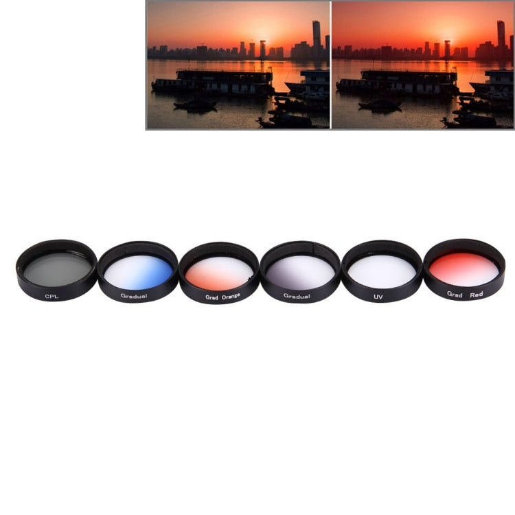 Filtro obiettivo JUNESTAR professionale 6 in 1 da 34 mm (CPL + UV + rosso graduale + arancione graduale + blu graduale + grigio graduale) per DJI Phantom 3 e 4