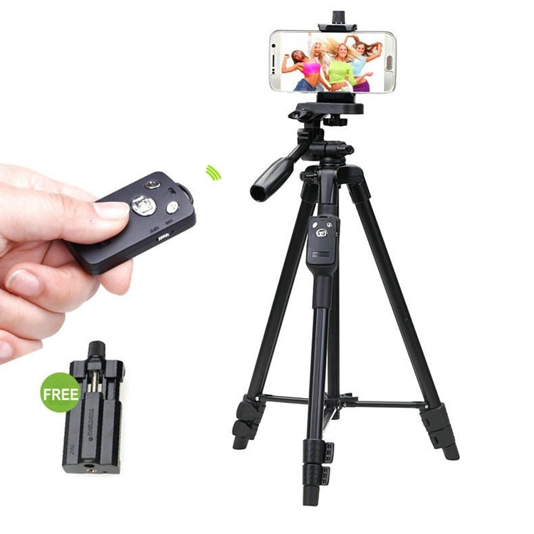 YUNTENG VCT-5208RM Supporto per treppiede con gamba in lega di alluminio e magnesio con telecomando Bluetooth, testa per treppiede e morsetto per telefono per fotocamera reflex e smartphone, altezza: 125 cm, VCT-5208