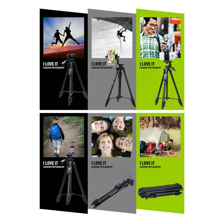 YUNTENG VCT-5208RM Supporto per treppiede con gamba in lega di alluminio e magnesio con telecomando Bluetooth, testa per treppiede e morsetto per telefono per fotocamera reflex e smartphone, altezza: 125 cm, VCT-5208