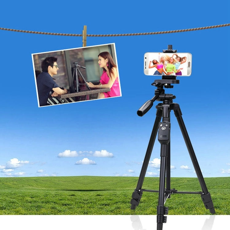 YUNTENG VCT-5208RM Supporto per treppiede con gamba in lega di alluminio e magnesio con telecomando Bluetooth, testa per treppiede e morsetto per telefono per fotocamera reflex e smartphone, altezza: 125 cm, VCT-5208