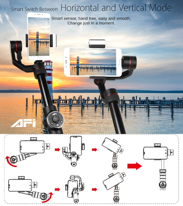 Stabilizzatore cardanico senza spazzole in alluminio palmare a 3 assi AFI V5 con supporto per treppiede e luce di riempimento per smartphone entro 6 pollici, supporto per il rilevamento del volto