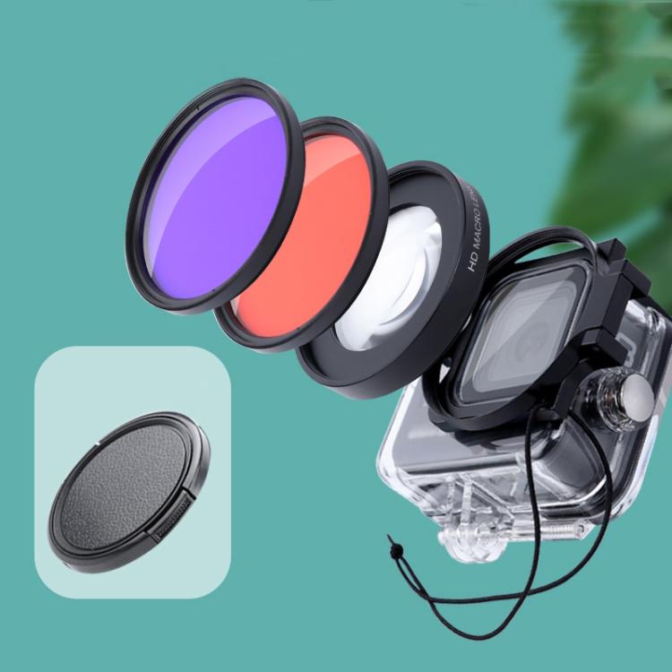 RUIGPRO per GoPro HERO8 58mm 16X Obiettivo Macro + Filtro Obiettivo Rosso/Viola + Custodia Subacquea Custodia Impermeabile Kit con Anello Adattatore Filtro e Copriobiettivo