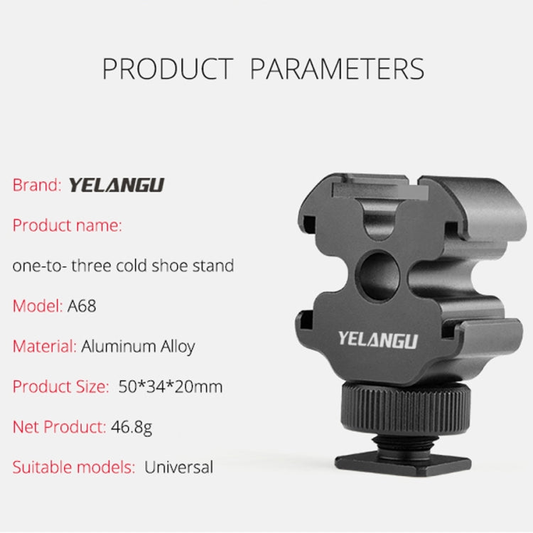 YELANGU YLG0601A A68 Adattatore per montaggio su slitta fredda a 3 teste Microfono Staffa di supporto in metallo per luce flash, YELANGU A68 3-Head Cold Shoe
