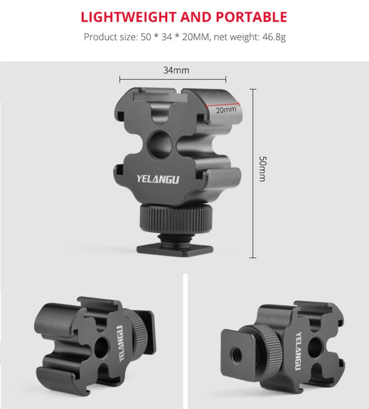 YELANGU YLG0601A A68 Adattatore per montaggio su slitta fredda a 3 teste Microfono Staffa di supporto in metallo per luce flash, YELANGU A68 3-Head Cold Shoe