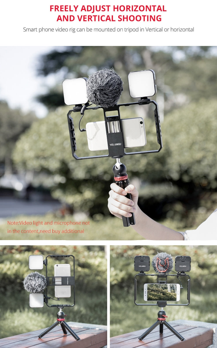 YELANGU PC06 YLG0909A Vlogging Trasmissione in diretta Smartphone Gabbia metallica Video Rig Produzione cinematografica Maniglia stabilizzatrice Staffa per iPhone, Galaxy, Huawei, Xiaomi, HTC, LG, Google e altri smartphone, YLG0909A