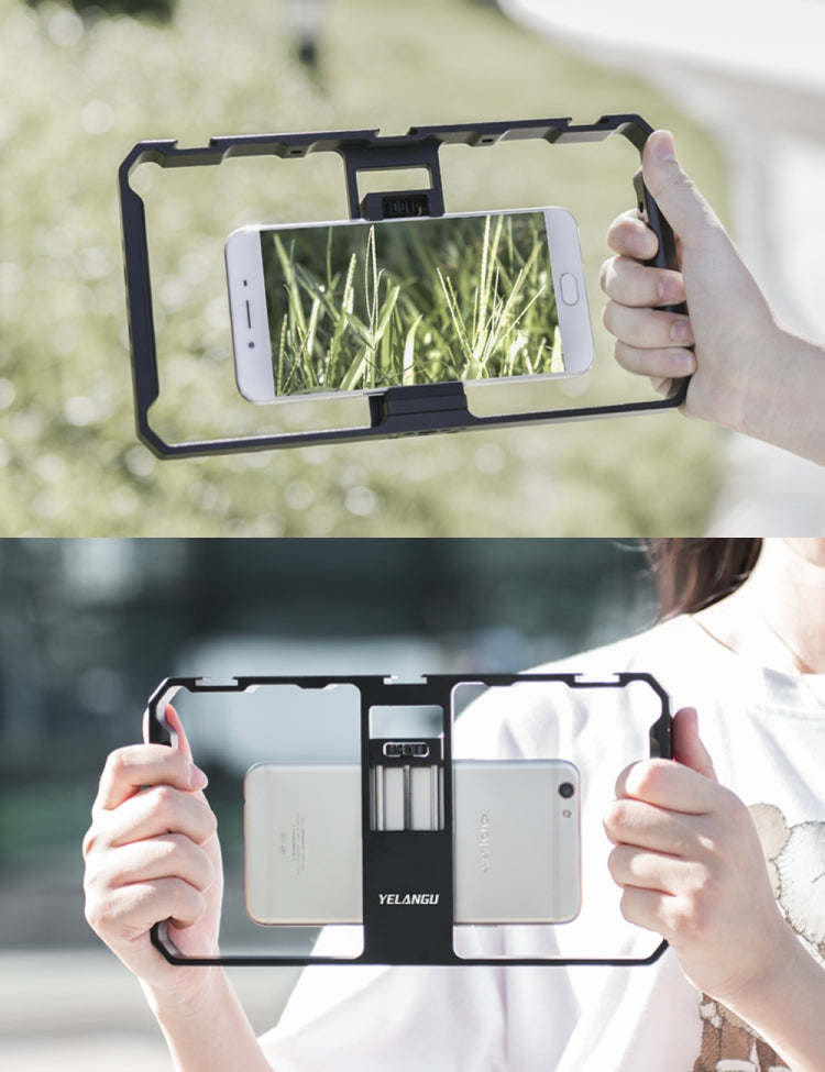 YELANGU PC06 YLG0909A Vlogging Trasmissione in diretta Smartphone Gabbia metallica Video Rig Produzione cinematografica Maniglia stabilizzatrice Staffa per iPhone, Galaxy, Huawei, Xiaomi, HTC, LG, Google e altri smartphone, YLG0909A