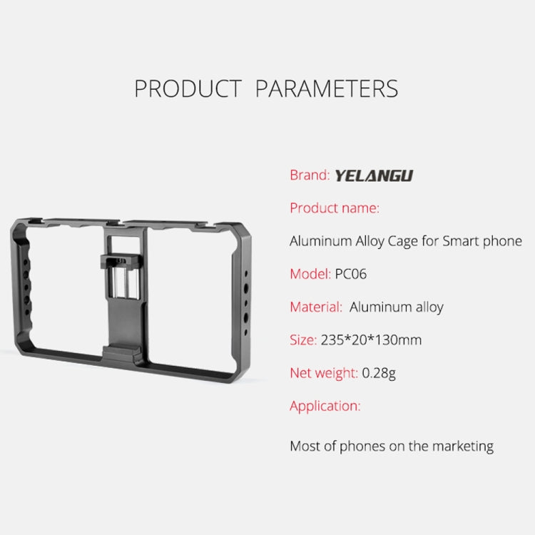 YELANGU PC06 YLG0909A Vlogging Trasmissione in diretta Smartphone Gabbia metallica Video Rig Produzione cinematografica Maniglia stabilizzatrice Staffa per iPhone, Galaxy, Huawei, Xiaomi, HTC, LG, Google e altri smartphone, YLG0909A