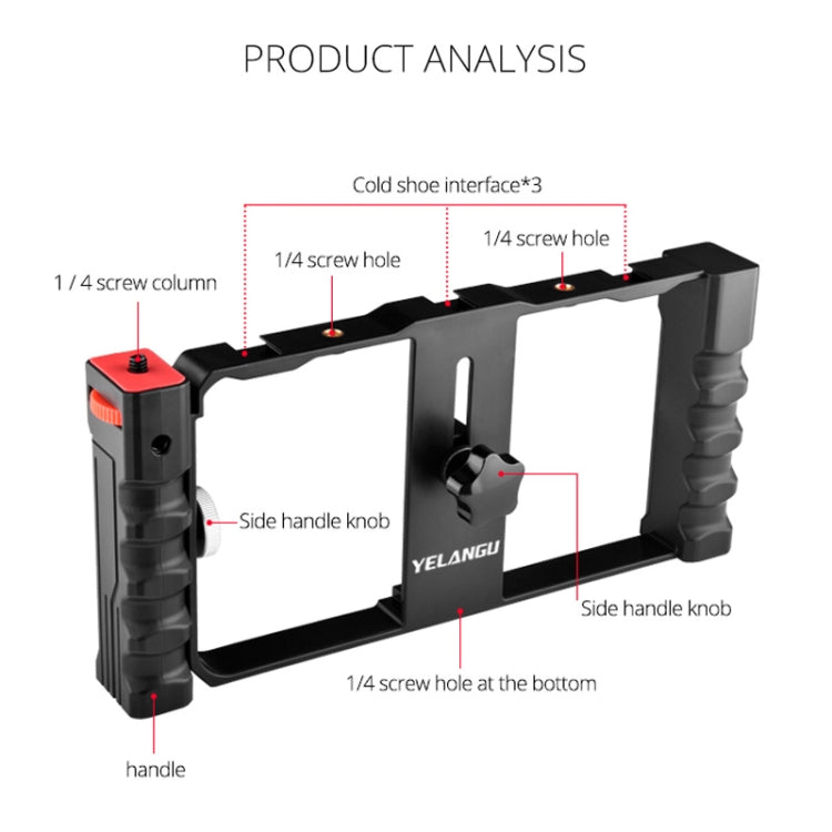 YELANGU PC02A Vlogging Live Broadcast Plastic Cage Video Rig Stabilizer Bracket for Filmmaking for iPhone, Galaxy, Huawei, Xiaomi, HTC, LG, Google and Other Smartphones, PC02A