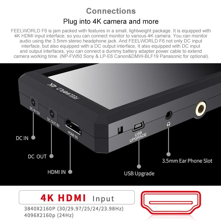 FEELWORLD F6 1920x1080 Schermo IPS da 5,5 pollici Monitor da campo per fotocamera HDMI 4K, F6