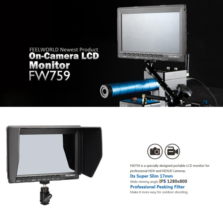 FEELWORLD FW759 1280x800 Schermo IPS da 7 pollici Monitor da campo con fotocamera HD ultrasottile, FW759