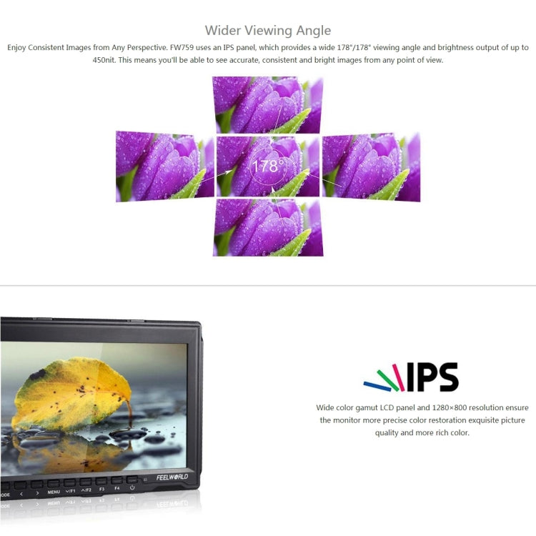 FEELWORLD FW759 1280x800 Schermo IPS da 7 pollici Monitor da campo con fotocamera HD ultrasottile, FW759