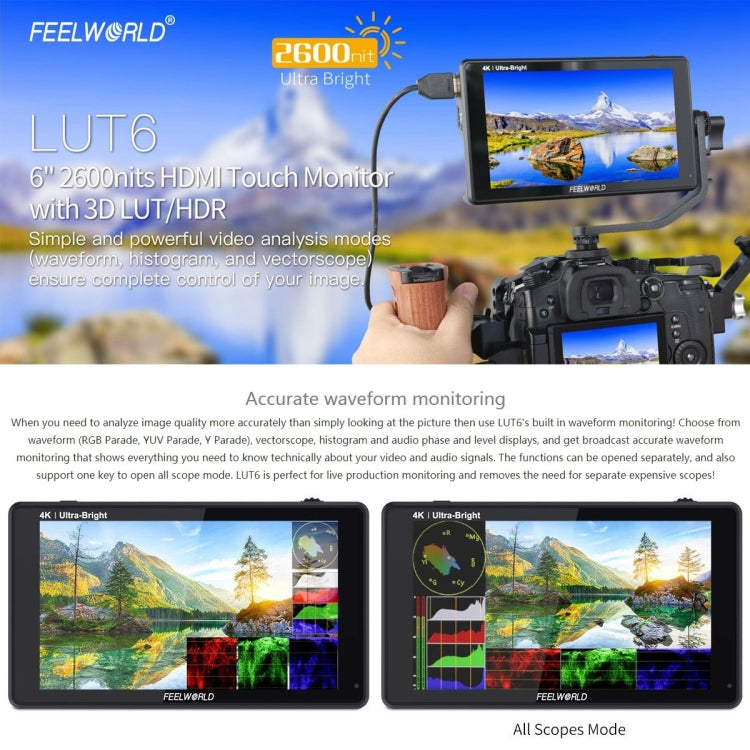 FEELWORLD LUT6 1920x1080 2600 nit Schermo IPS da 6 pollici Monitor da campo con fotocamera HDMI 4K Touch Control, LUT6