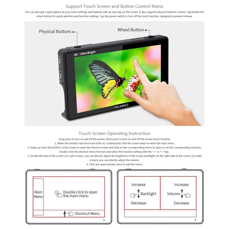 FEELWORLD LUT6 1920x1080 2600 nit Schermo IPS da 6 pollici Monitor da campo con fotocamera HDMI 4K Touch Control, LUT6