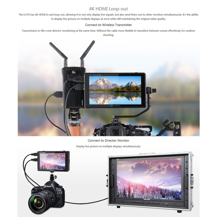 FEELWORLD LUT6 1920x1080 2600 nit Schermo IPS da 6 pollici Monitor da campo con fotocamera HDMI 4K Touch Control, LUT6