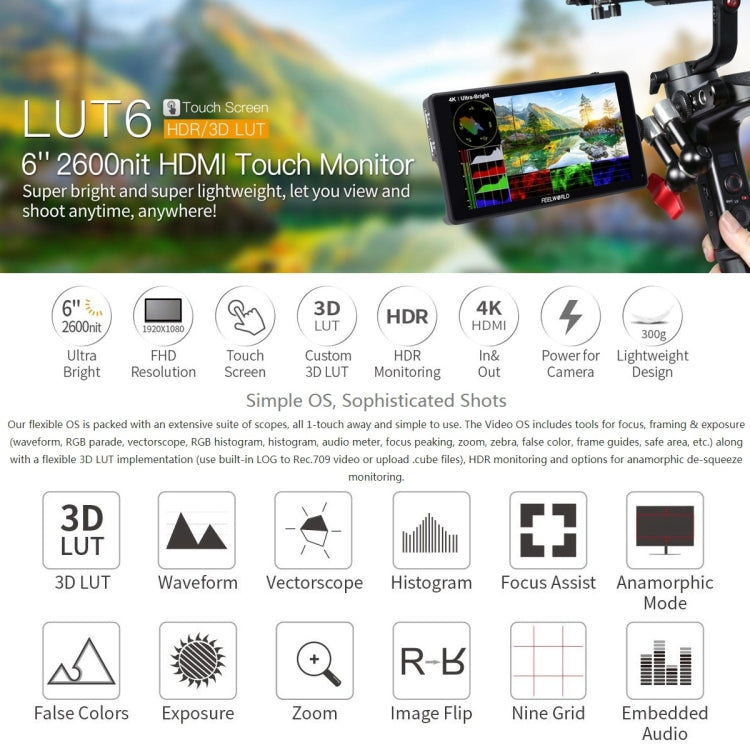 FEELWORLD LUT6 1920x1080 2600 nit Schermo IPS da 6 pollici Monitor da campo con fotocamera HDMI 4K Touch Control, LUT6