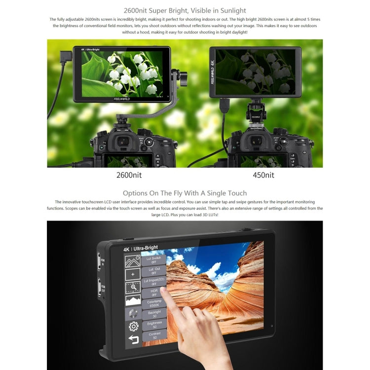 FEELWORLD LUT6 1920x1080 2600 nit Schermo IPS da 6 pollici Monitor da campo con fotocamera HDMI 4K Touch Control, LUT6